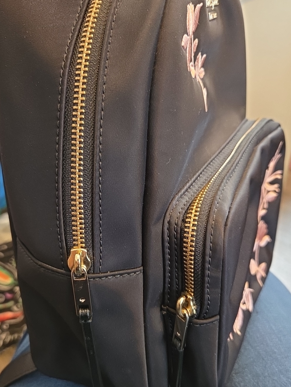 KATE SPADE 2018/2019 Retired DAWN PLACE Black Backpack w/ Pink Floral Embroidery - Picture 4 of 7